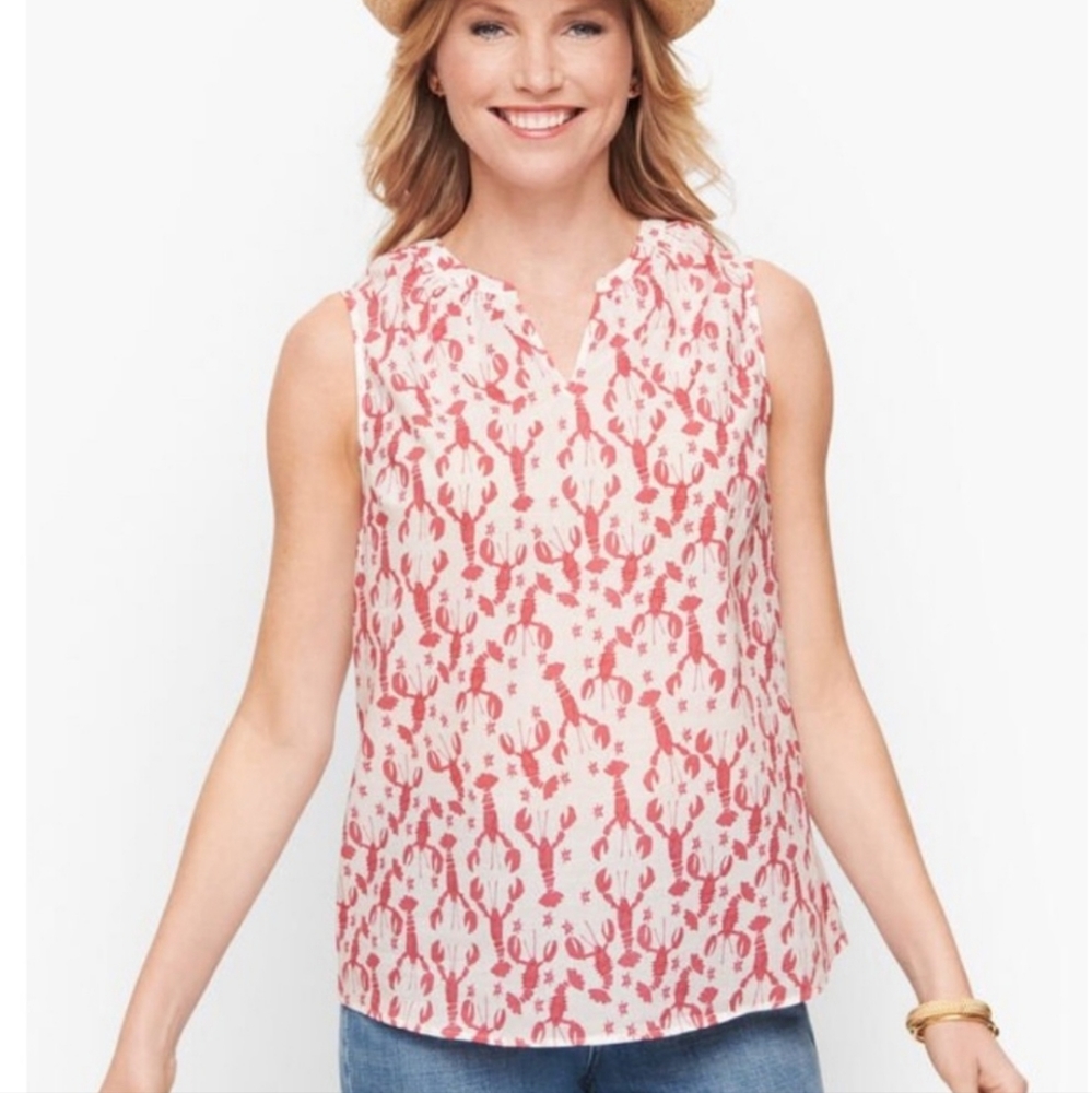 Talbots Cite White & Red Lobster Cotton Sleeveless Summer Blouse Size Small